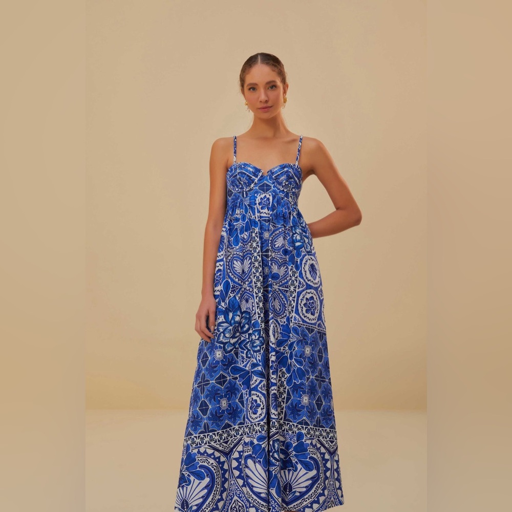 NWT FARM Rio Blue Tile Dream Sleeveless Maxi Dress Size Large
